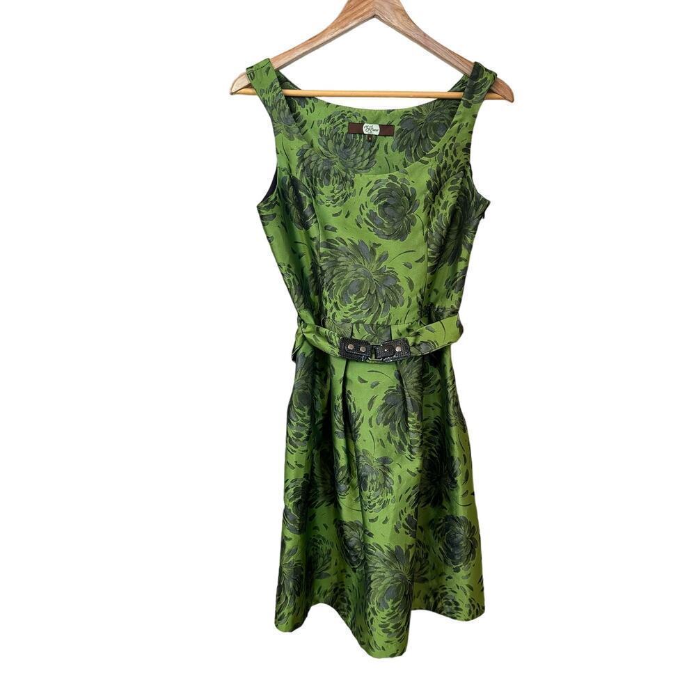 Anthropologie Eva Franco Retro Green Floral Fit and Flare Womens sz 6 Waist Belt - Picture 1 of 13